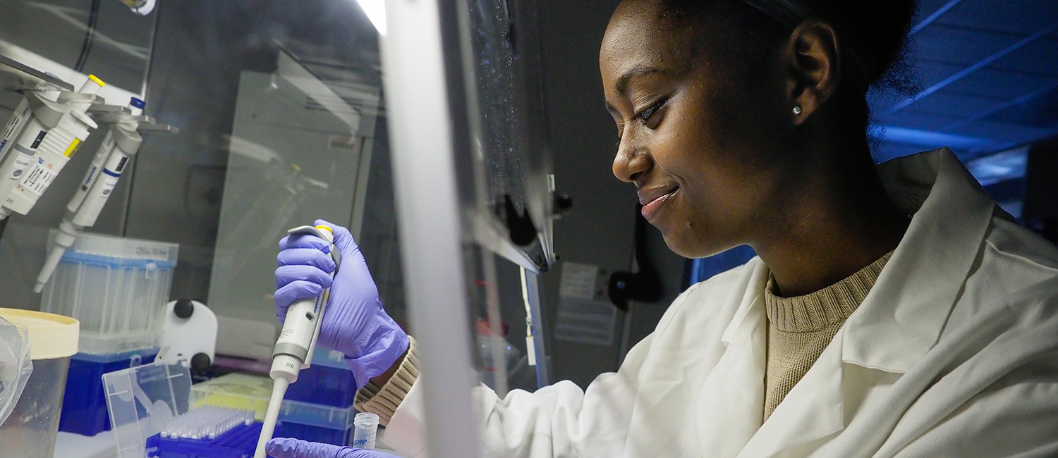 A graduate student works in the lab of Dr. Rob Smart on Centennial campus.